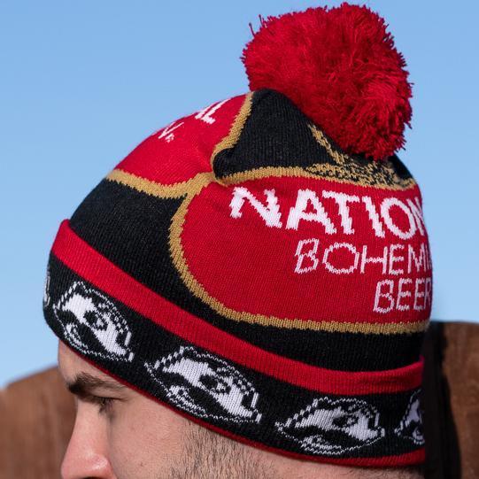 National Bohemian Beer w/ Boh Brim (Black w/ Red Pom) / Knit Beanie Cap - Route One Apparel