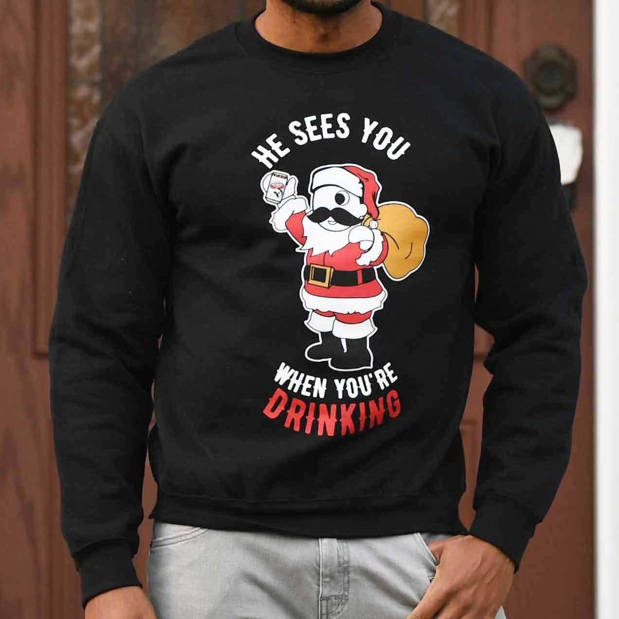 He Sees You When You're Drinking (Black) / Crew Sweatshirt - Route One Apparel