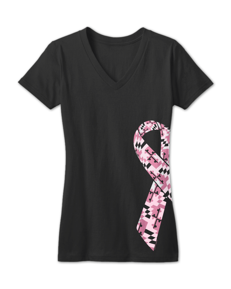 Maryland Breast Cancer Ribbon Awareness (Black)  / Junior Cut Ladies V-Neck Shirt - Route One Apparel