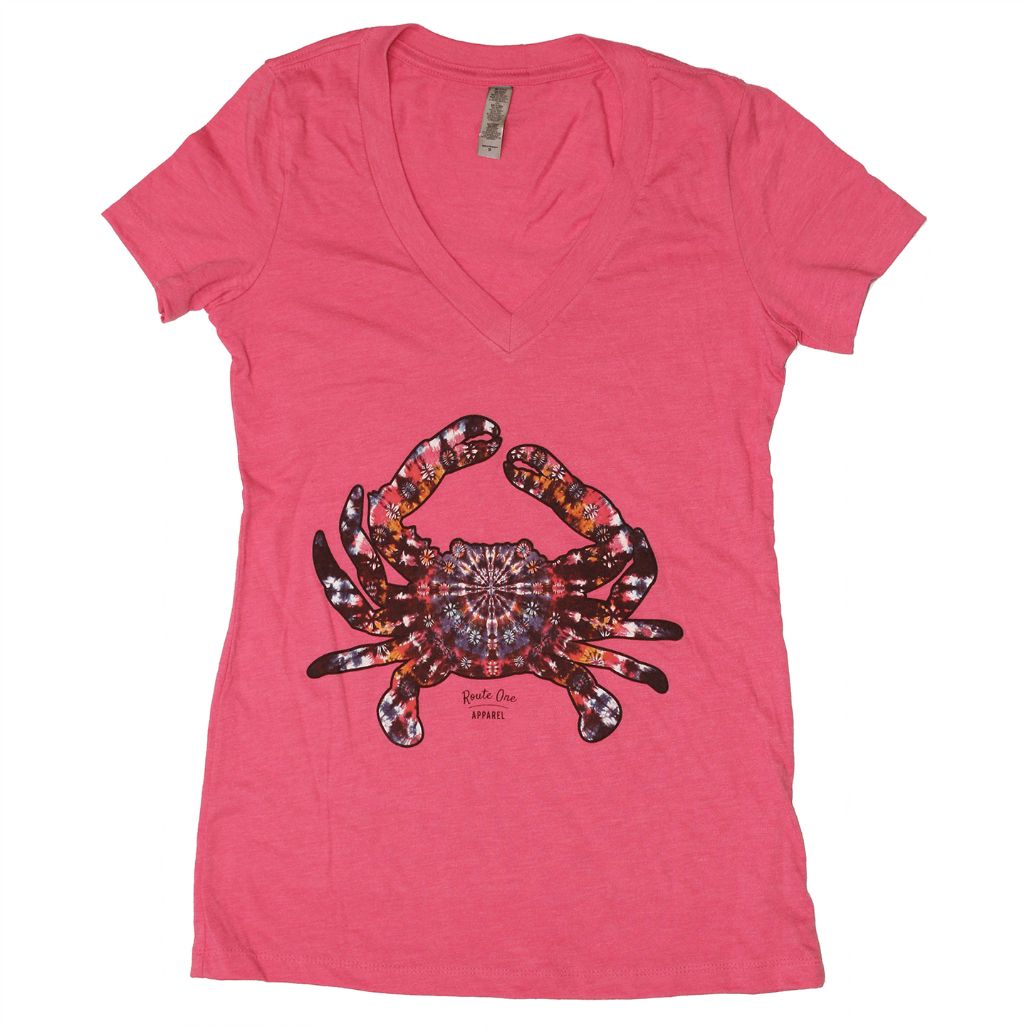 Classic Tie Dye Crab (Pink) / Ladies V-Neck Shirt - Route One Apparel