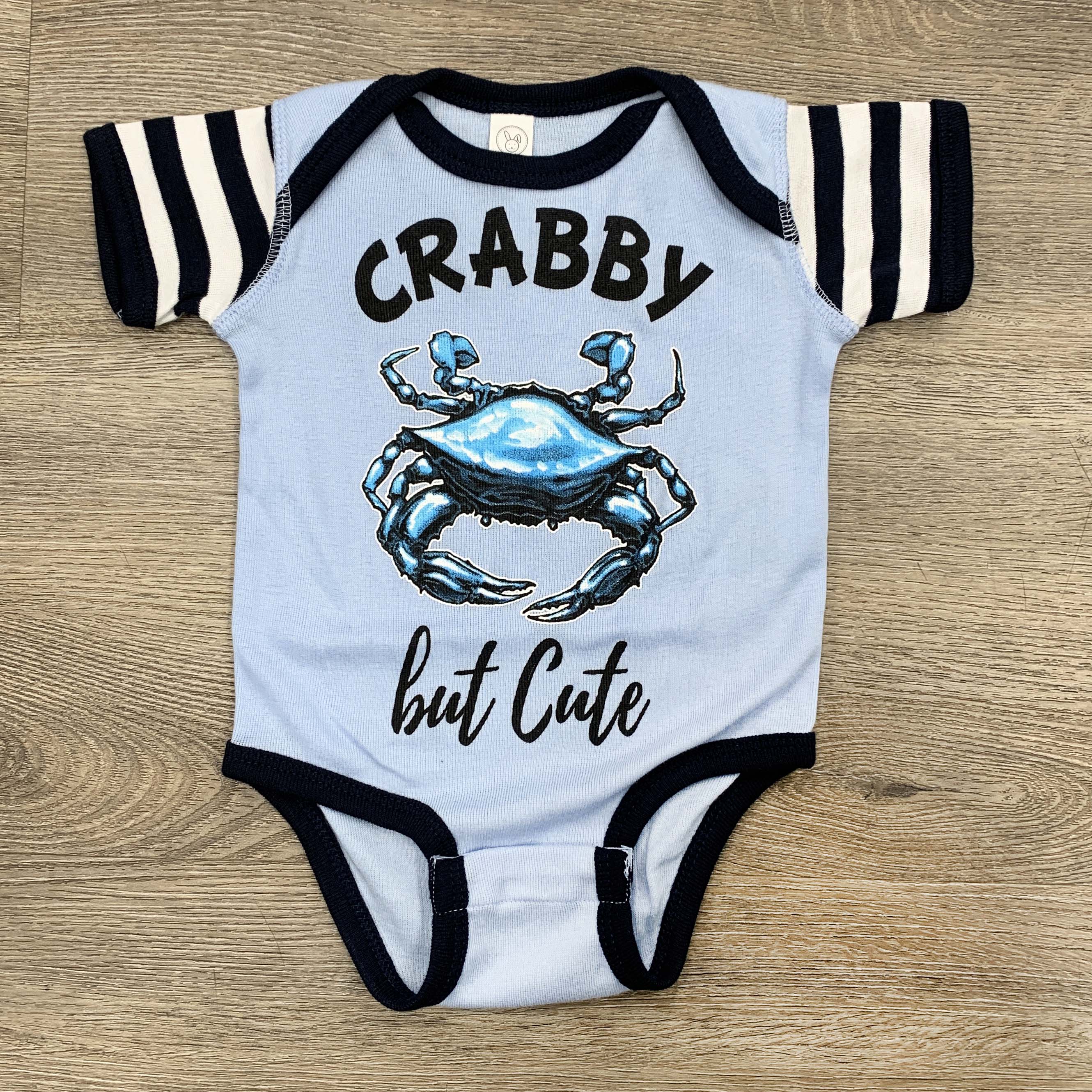 Crabby But Cute (Light Blue & Navy Stripe) / Baby Onesie - Route One Apparel
