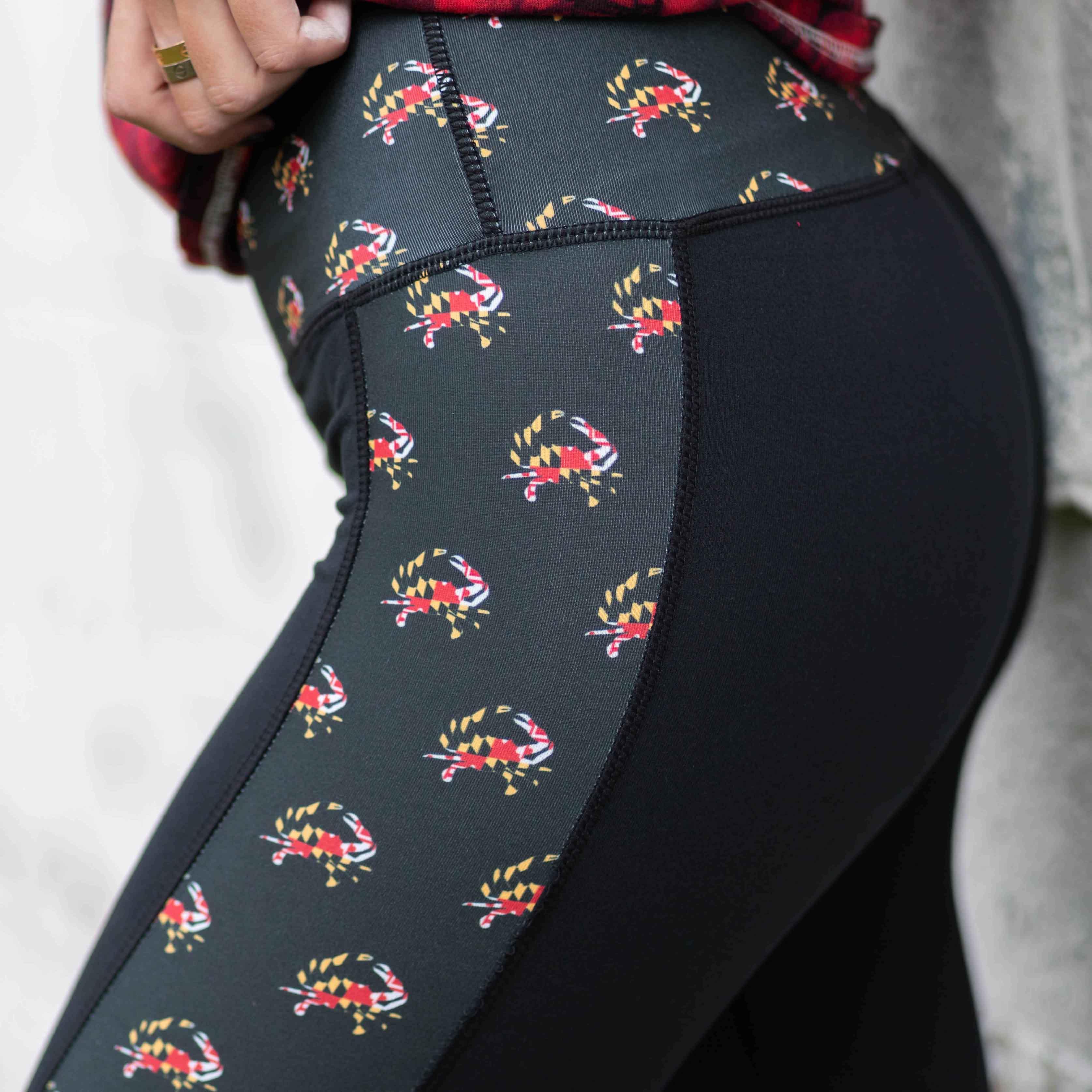 Maryland Flag Crab Pattern Sides (Black) / Yoga Leggings - Route One Apparel