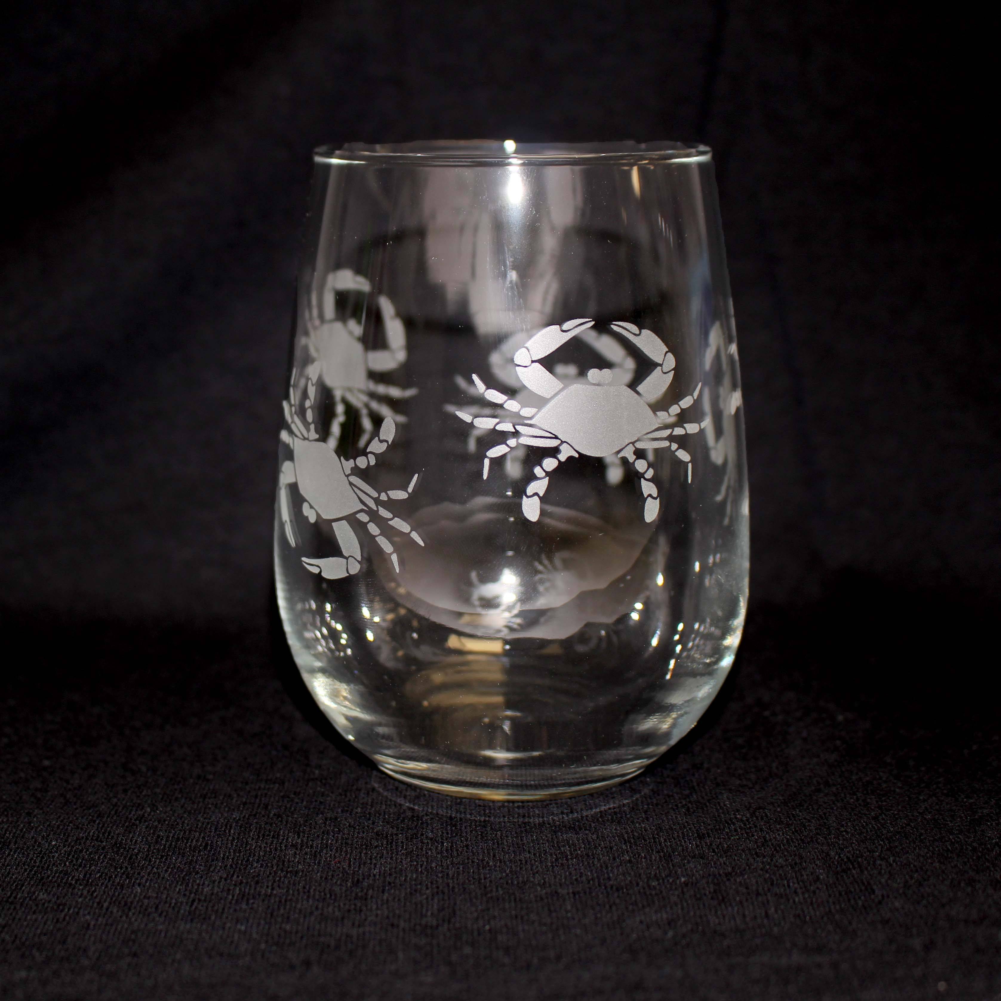 Crab Etched Pattern / Stemless Wine Glass - Route One Apparel