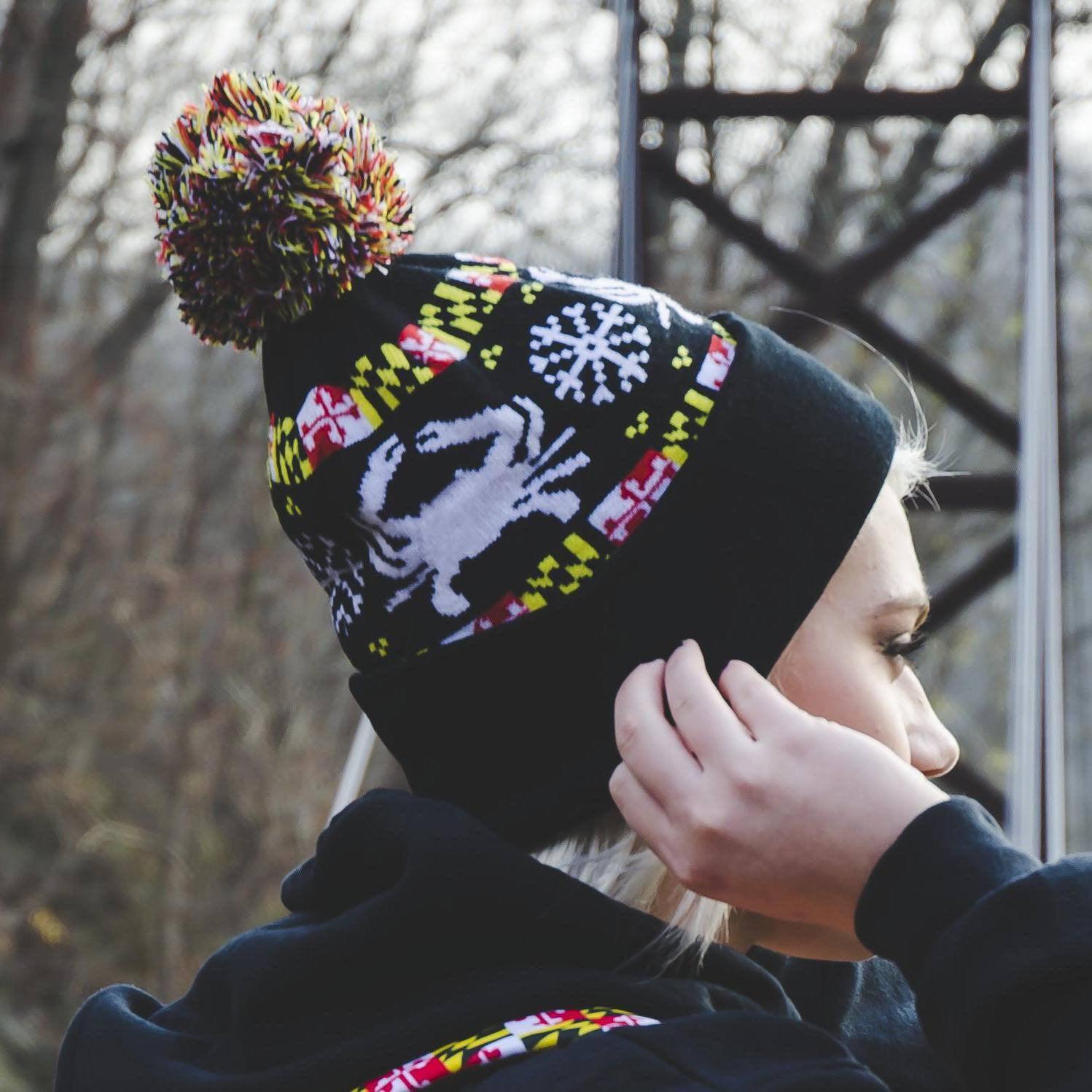 Maryland Flag Stripe, White Crab & White Snowflake (Black) / Knit Beanie Cap w/ Pom-Pom - Route One Apparel