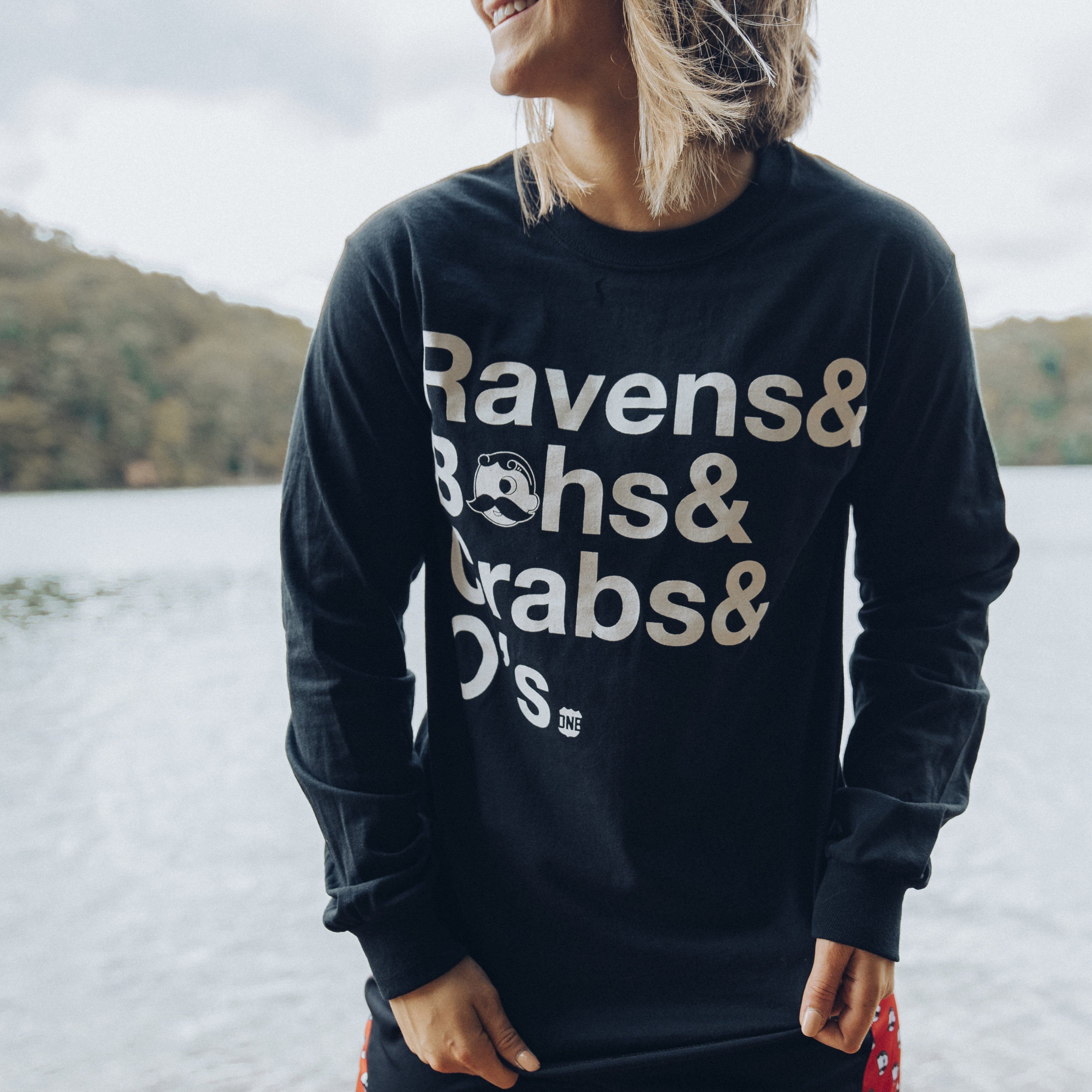 Ravens & Bohs & Crabs & O's Helvetica *With Natty Boh Logo* (Black) / Long Sleeve Shirt - Route One Apparel