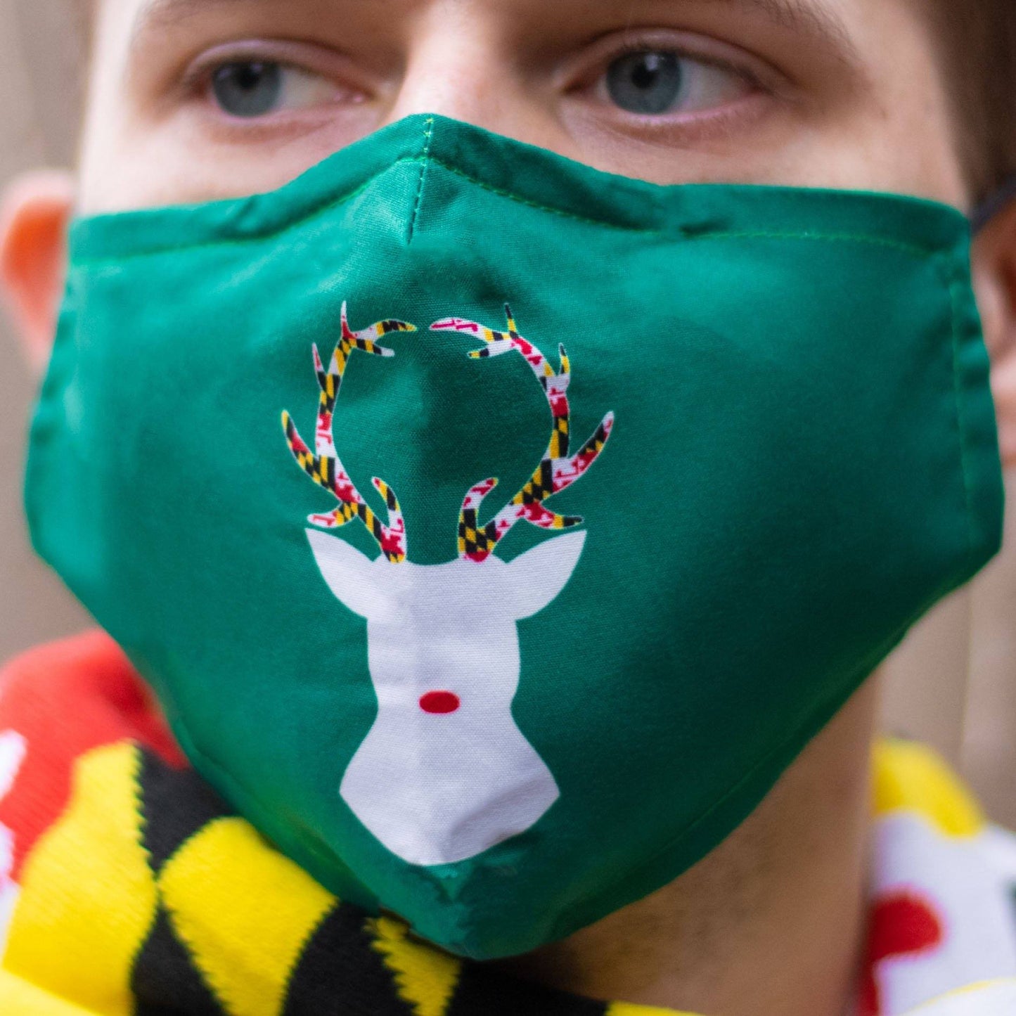 Reindeer with Maryland Flag Antlers (Green) / Face Mask - Route One Apparel