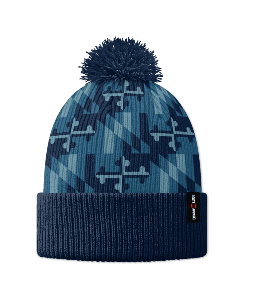 Blue Camo Maryland Flag / Knit Beanie Cap w/ Pom-Pom - Route One Apparel