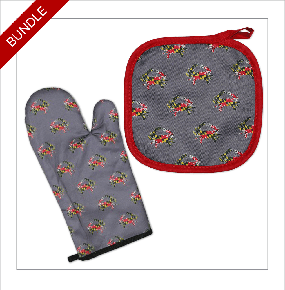Route One Apparel Maryland Flag Crab (Grey) / Oven Mitt + Pot Holder *BUNDLE*