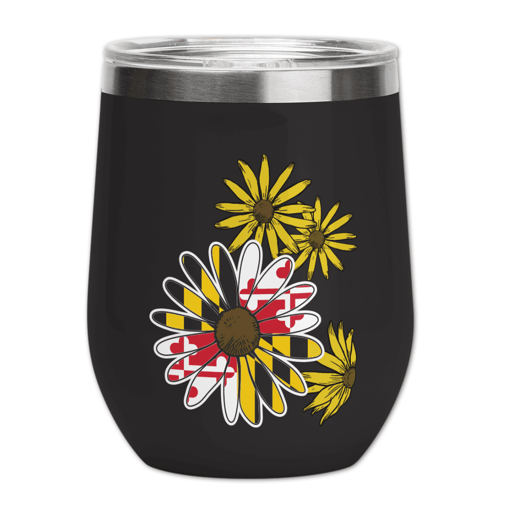 Maryland Flag & Regular Black Eyed Susans (Black) / Small Wine Tumbler - Route One Apparel
