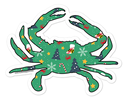 Maryland Stocking & Candy Cane Holiday Crab (Green) / Sticker - Route One Apparel