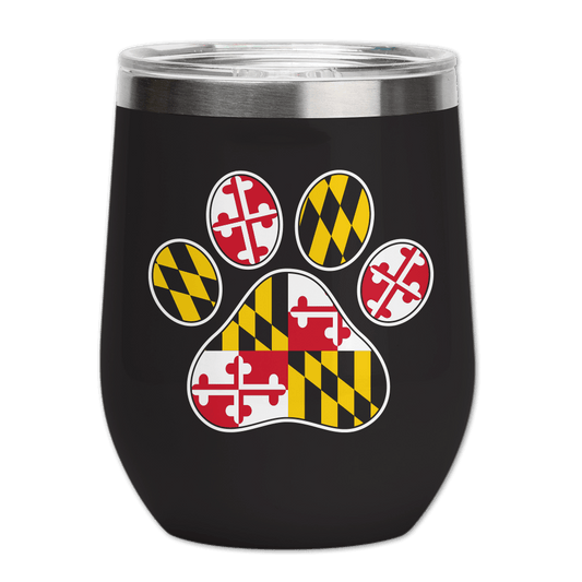 Maryland Full Flag Paw Print (Black) / Small Wine Tumbler - Route One Apparel