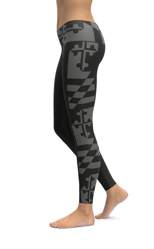 Maryland Flag Side (Greyscale) / Yoga Leggings - Route One Apparel