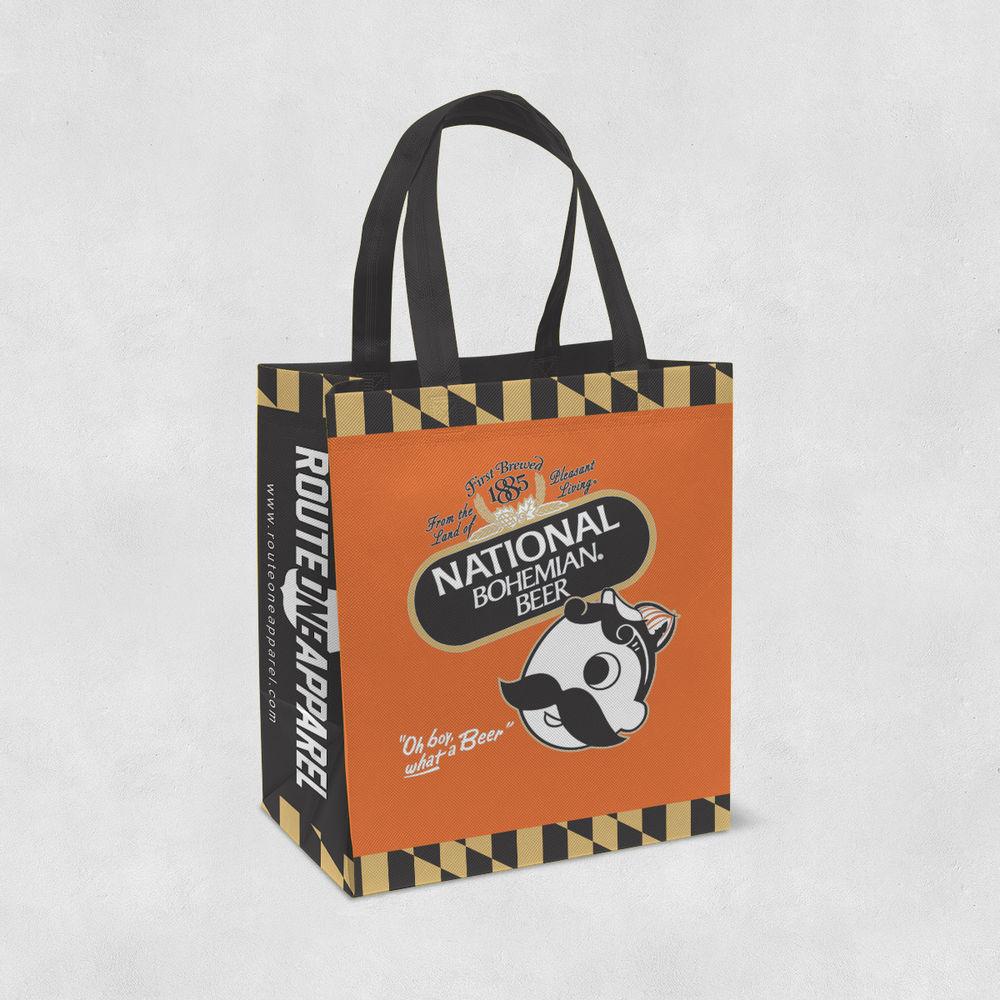 National Bohemian Baseball Logo w/ Calvert Stripes (Orange & Black) / Reusable Shopping Bag - Route One Apparel