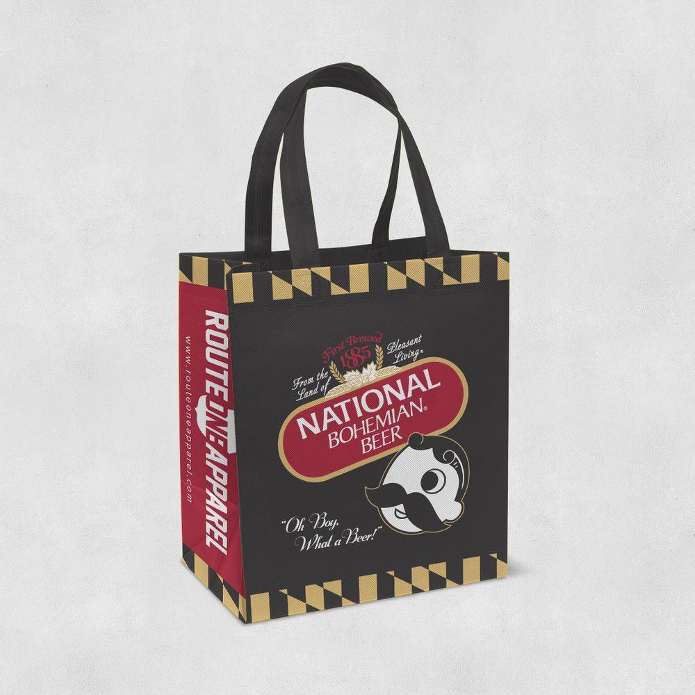 National Bohemian Logo w/ Calvert Stripes (Black & Red) / Reusable Shopping Bag - Route One Apparel