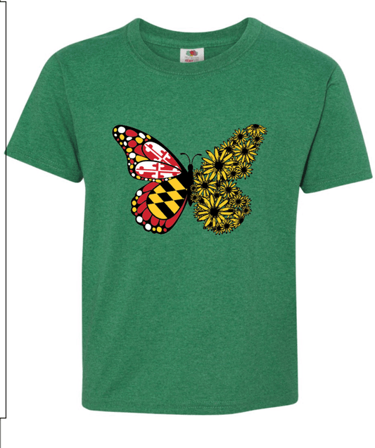 Maryland Flag & Black Eyed Susan Butterfly (Heather Green) / *Youth* Shirt - Route One Apparel