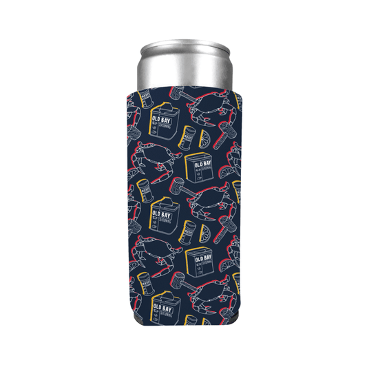 Stencil Outline Old Bay Crab & Mallet (Navy) / Slim Can Cooler - Route One Apparel