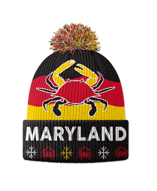 Maryland Crab and Snowflake / Knit Beanie Cap w/ Pom-Pom - Route One Apparel