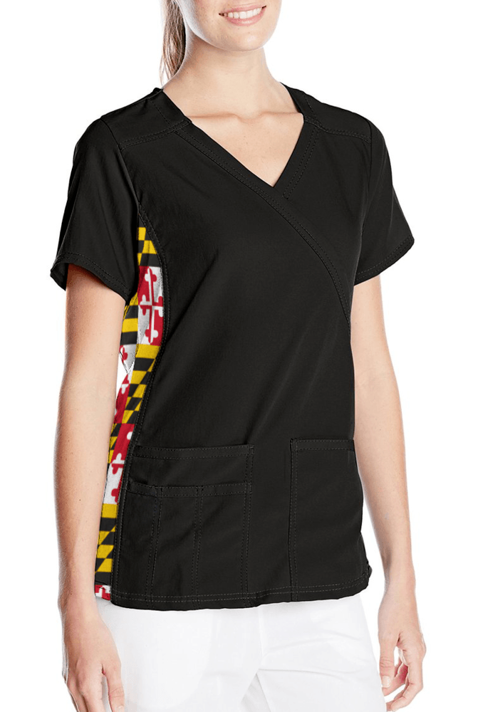 Maryland Flag Side (Black) / Medical Scrub Top - Route One Apparel