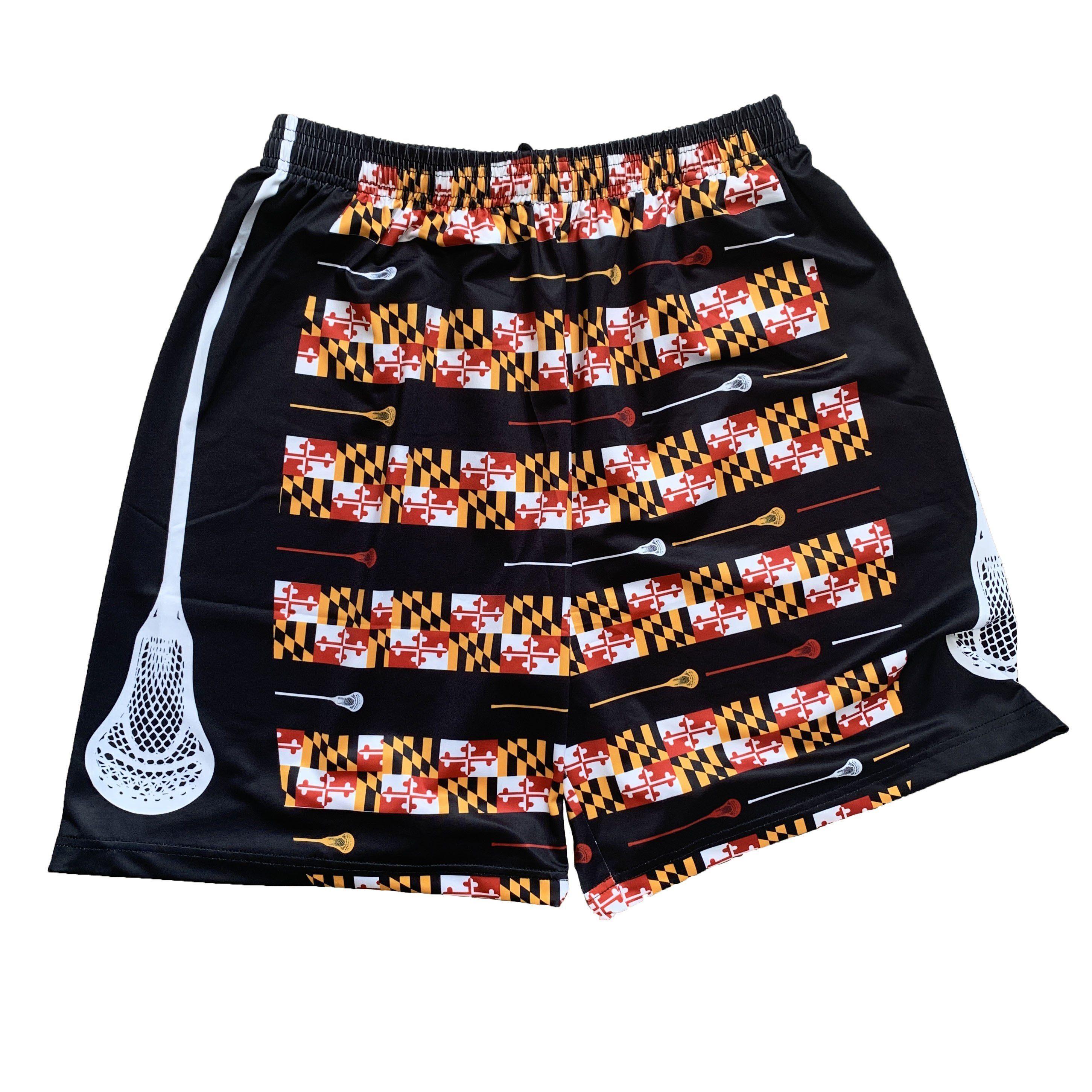 Maryland Flag and Lacrosse Stick Stripe (Black) / Running Shorts (Men) - Route One Apparel