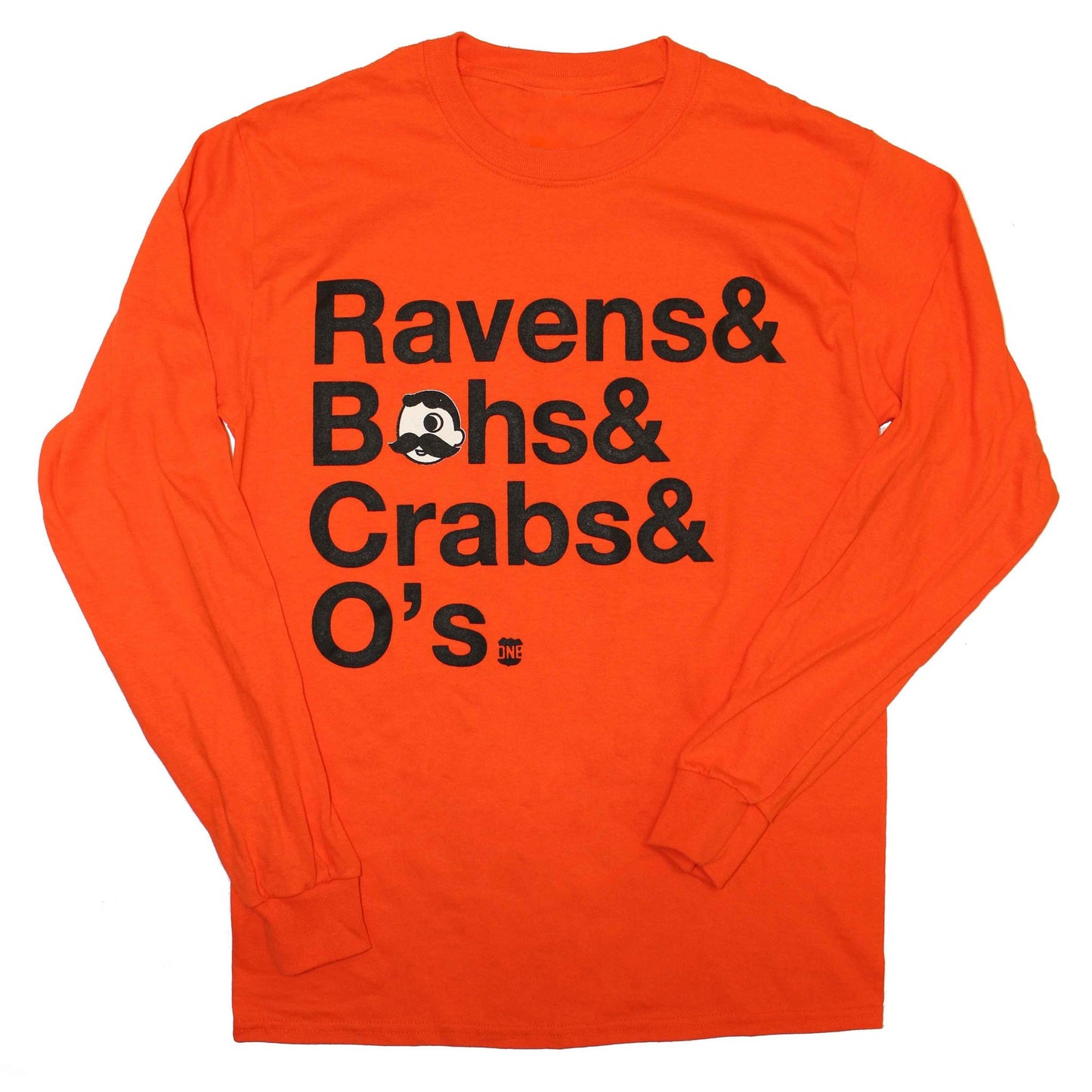 Ravens & Bohs & Crabs & O's Helvetica *With Natty Boh Logo* (Orange) / Long Sleeve Shirt - Route One Apparel