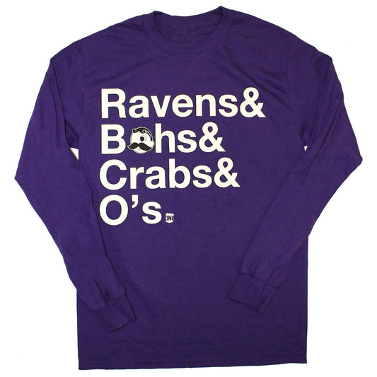 Ravens & Bohs & Crabs & O's Helvetica *With Natty Boh Logo* (Purple) / Long Sleeve Shirt - Route One Apparel