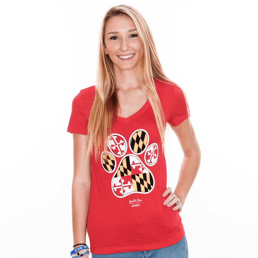Maryland Paw Print (Red) / Ladies V-Neck Shirt - Route One Apparel
