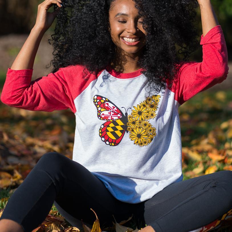Maryland Flag & Black Eyed Susan Butterfly (Red & White) / Vintage Baseball Jersey - Route One Apparel