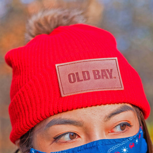 Old Bay Leather Patch (Red w/ Fur Pom) / Slouchy Knit Beanie Cap - Route One Apparel