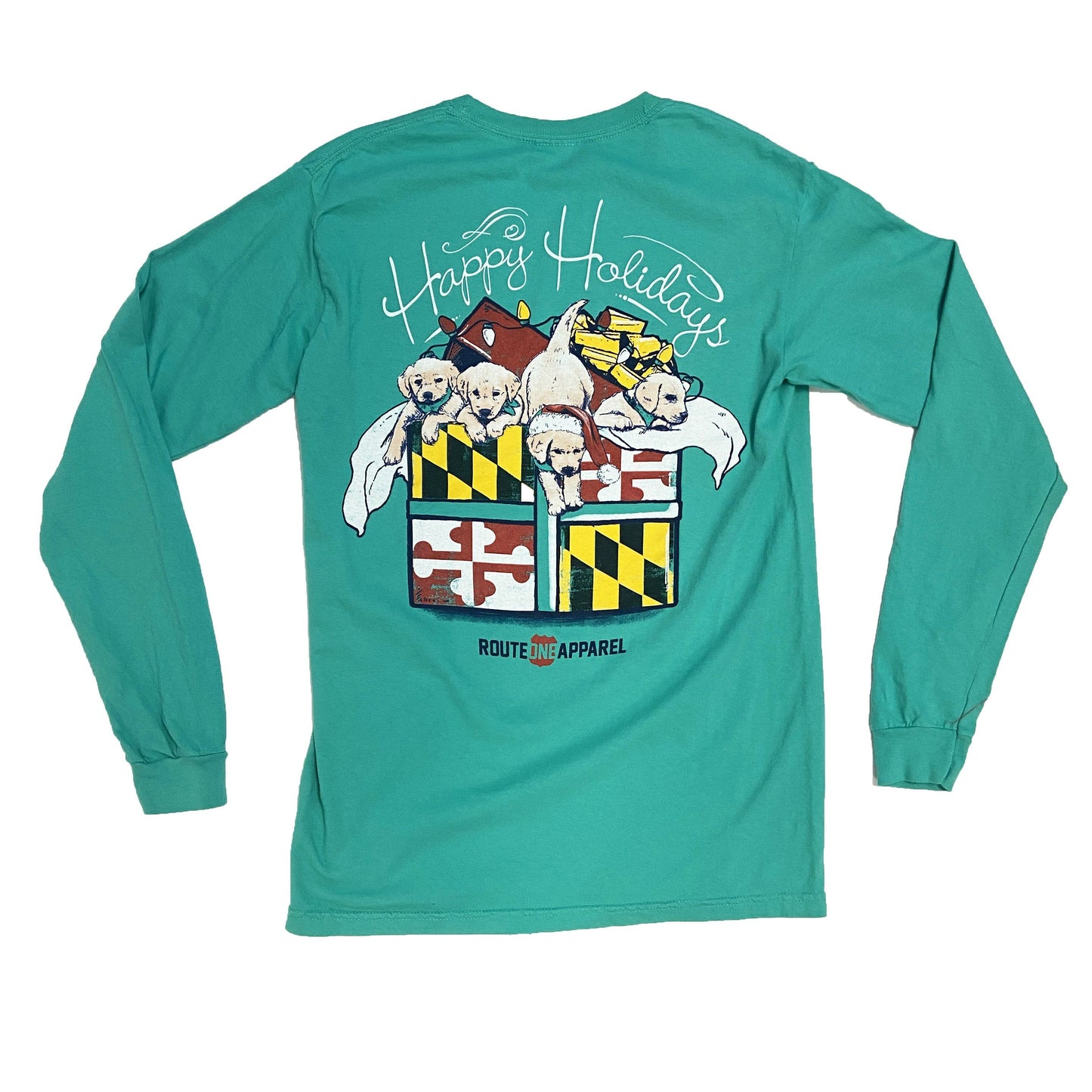 Puppy Gift - Happy Holidays (Island Green)  / Long Sleeve Shirt - Route One Apparel