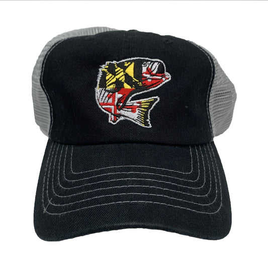 Maryland Flag Rockfish (Black w/ Grey Mesh) / Trucker Hat - Route One Apparel