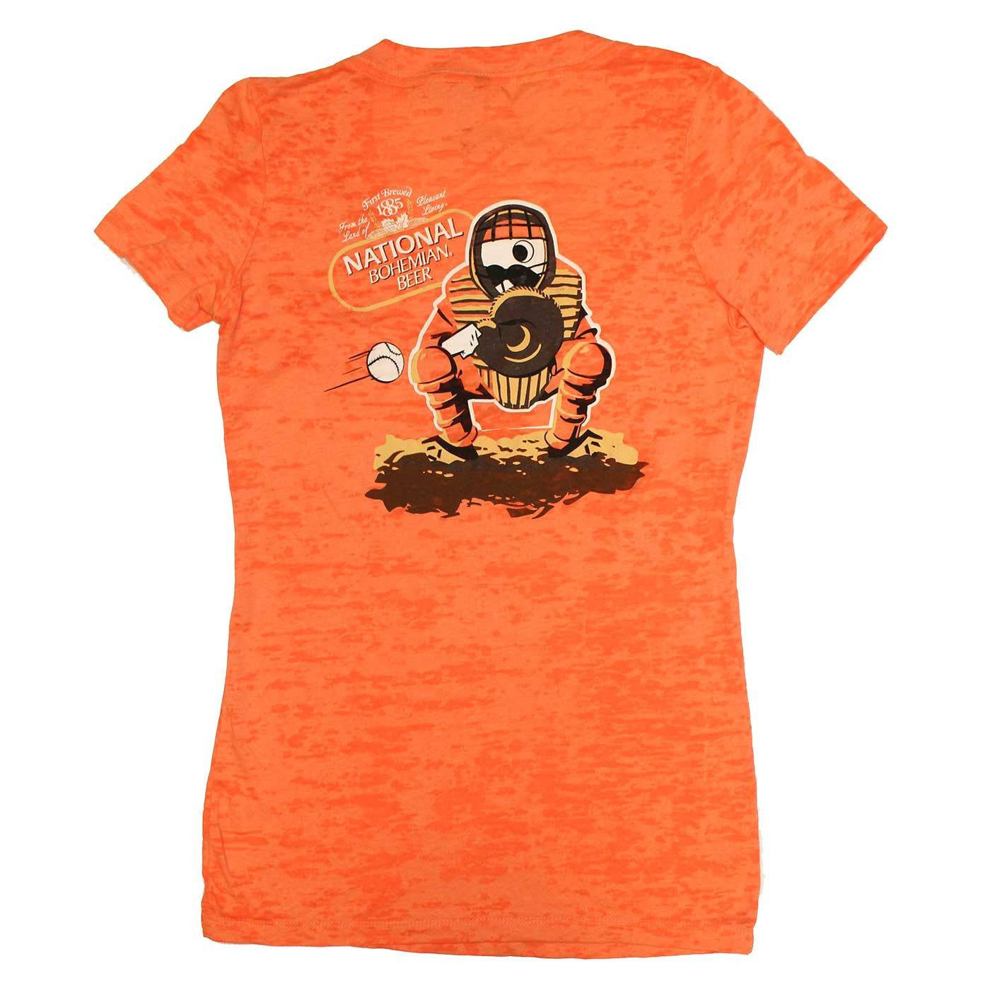 Natty Boh Baseball Catcher (Orange) / Ladies V-Neck Shirt - Route One Apparel