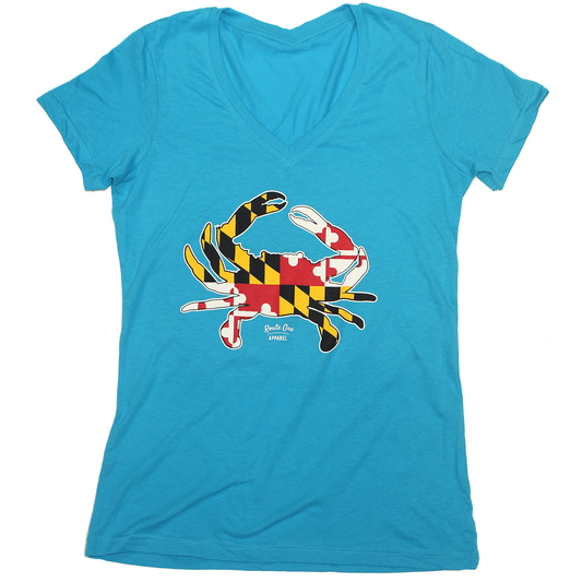 Maryland Full Flag Crab (Caribbean Blue) / Ladies V-Neck Shirt - Route One Apparel