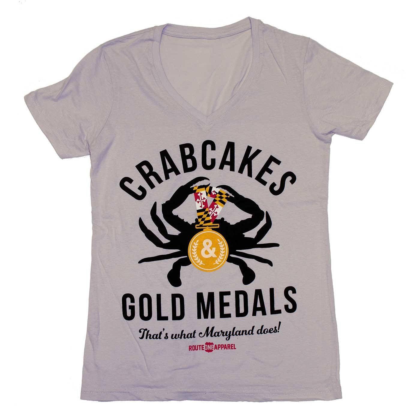 Crabcakes & Gold Medals (Ash White) / Ladies V-Neck Shirt - Route One Apparel