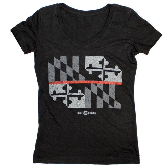 Maryland Flag Red Line (Black) / Ladies Sporty V-Neck Shirt - Route One Apparel