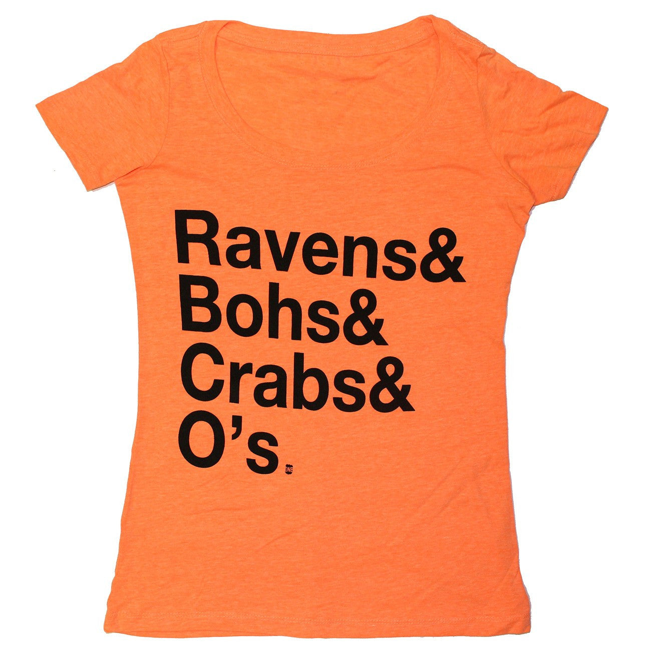 Ravens & Bohs & Crabs & O's Helvetica (Heather Orange) / Ladies Scoop Neck Shirt - Route One Apparel
