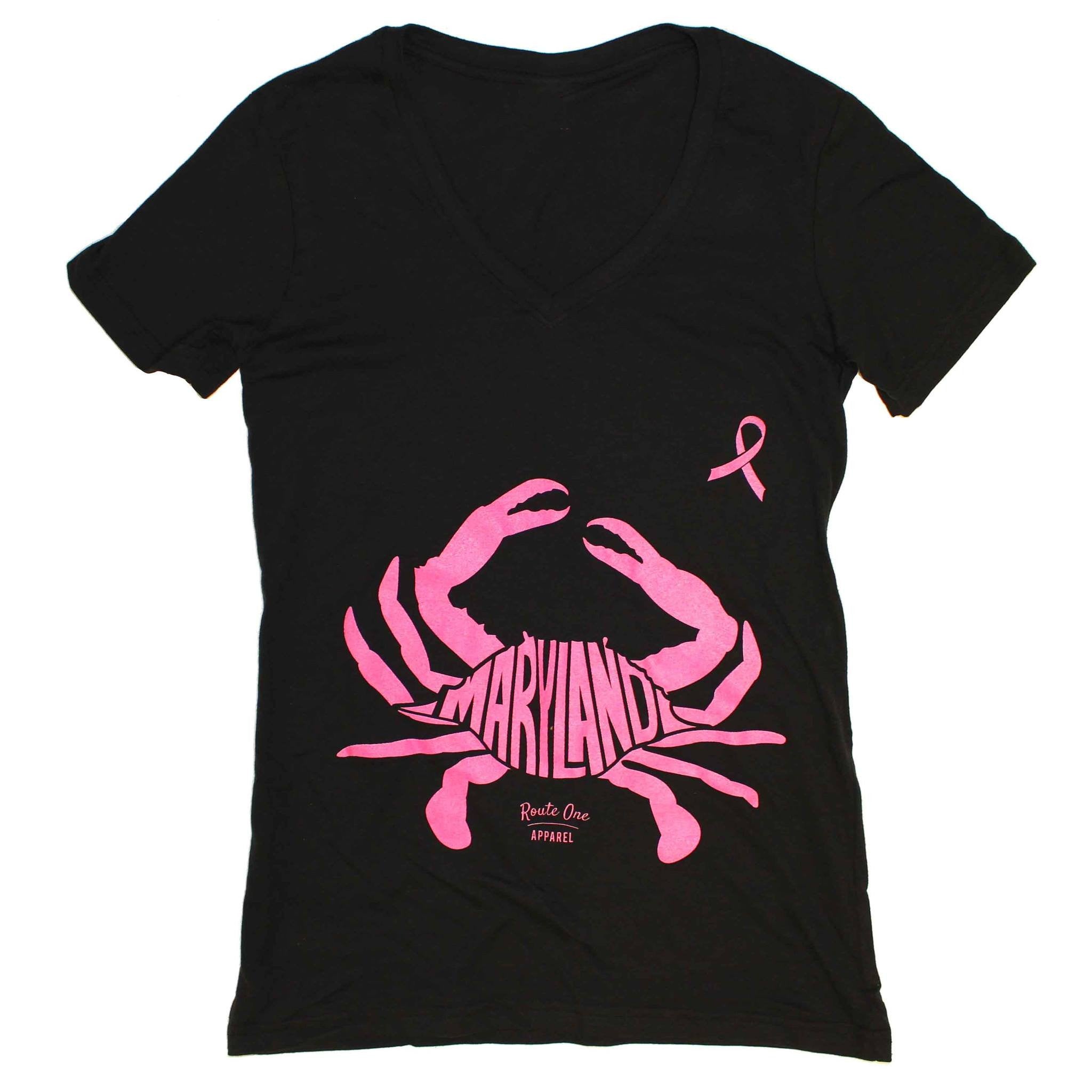 Maryland in Maryland Crab *Pink Edition* (Black) / Ladies V-Neck Shirt - Route One Apparel