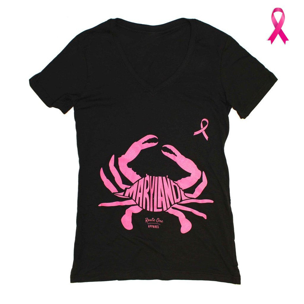 Maryland in Maryland Crab *Pink Edition* (Black) / Ladies V-Neck Shirt - Route One Apparel