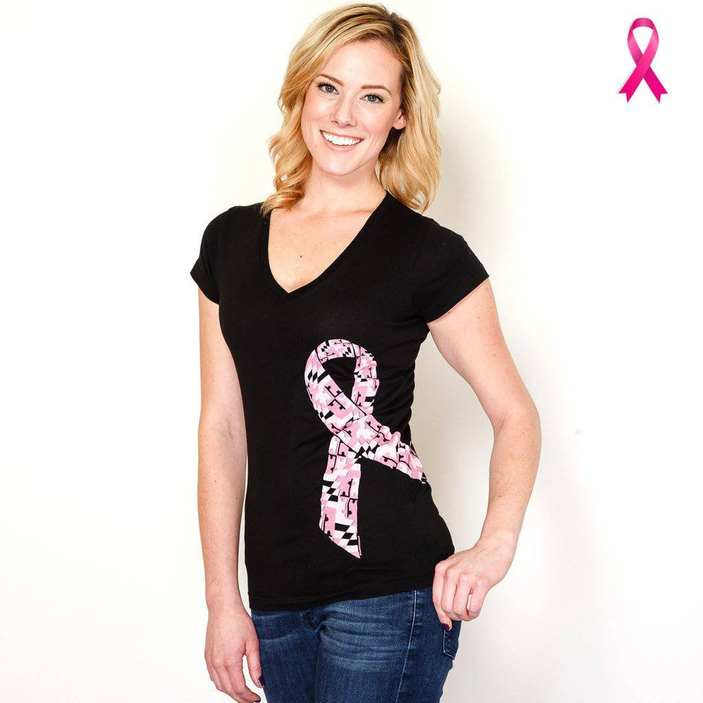 Maryland Breast Cancer Ribbon Awareness (Black)  / Junior Cut Ladies V-Neck Shirt - Route One Apparel