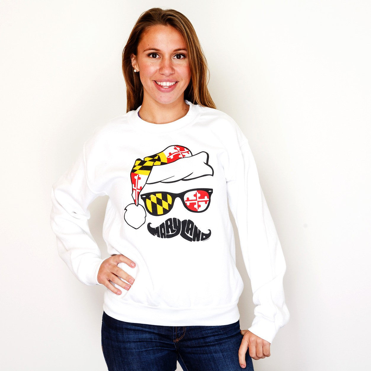 Holiday Maryland Mustache (White) / Crew Sweatshirt - Route One Apparel