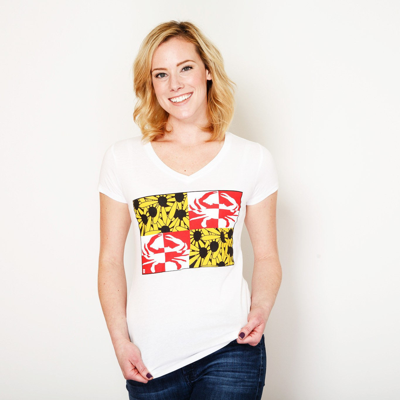 Crabby Susan Maryland (White) / Ladies V-Neck Shirt - Route One Apparel