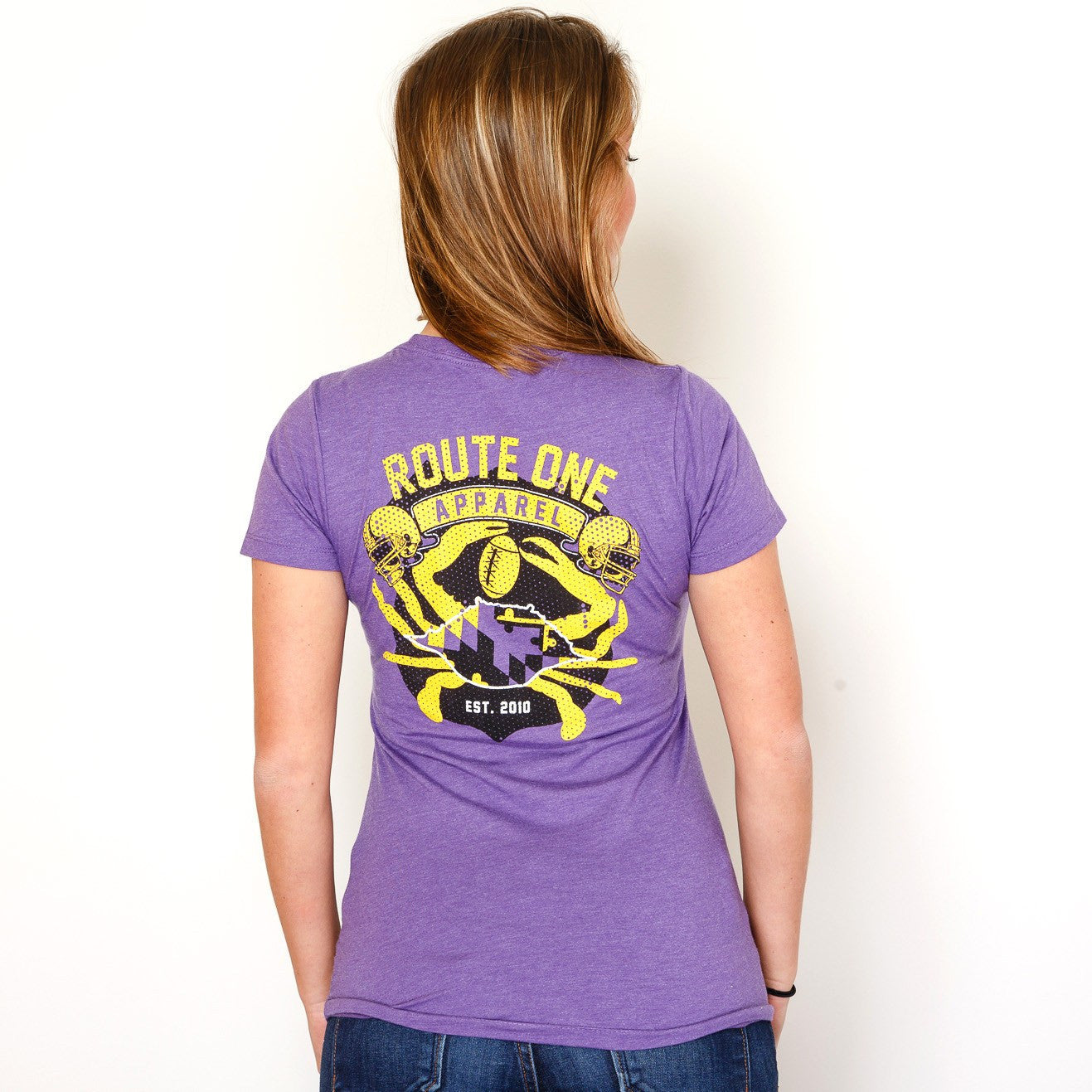 Route One Apparel Purple & Gold Flag & Crab (Purple) / Ladies Shirt - Route One Apparel
