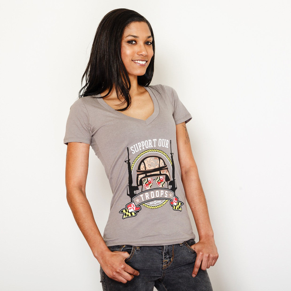 Support Our Maryland Troops / Ladies Sporty V-Neck Shirt - Route One Apparel