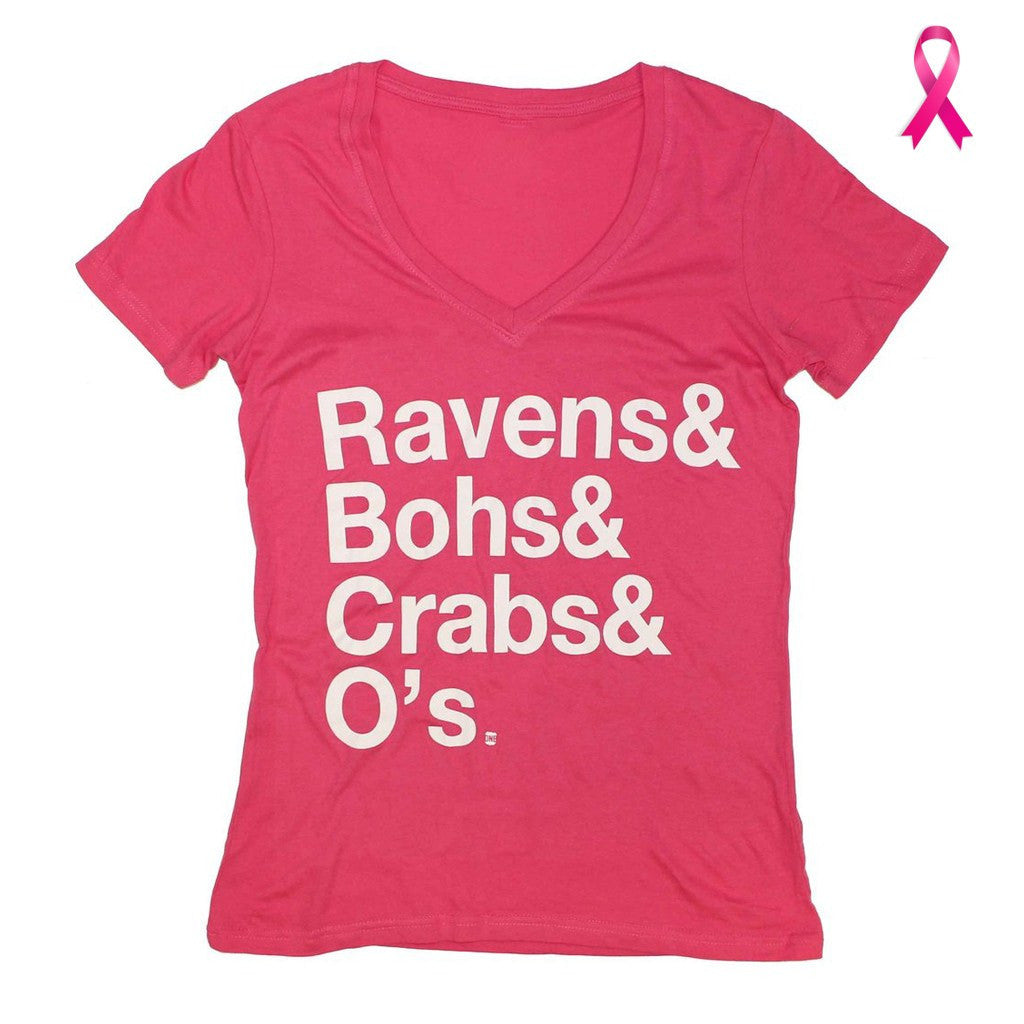 Ravens & Bohs & Crabs & O's Helvetica (Pink) / Ladies V-Neck Shirt - Route One Apparel