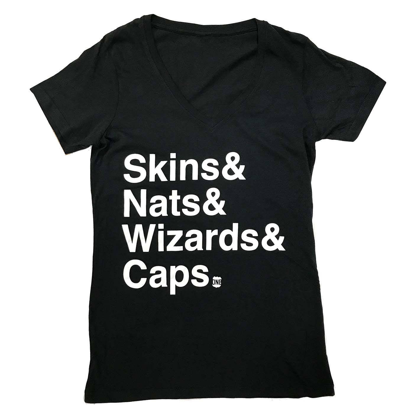 Skins & Nats & Wizards & Caps Helvetica (Black) / Ladies V-Neck Shirt - Route One Apparel