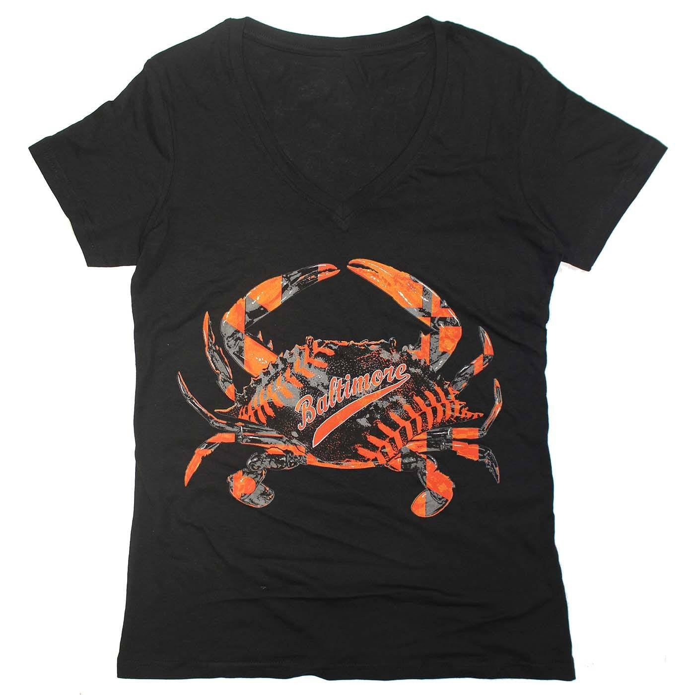 Baseball Home Team Crab *Front Print* (Black) / Ladies V-Neck Shirt - Route One Apparel