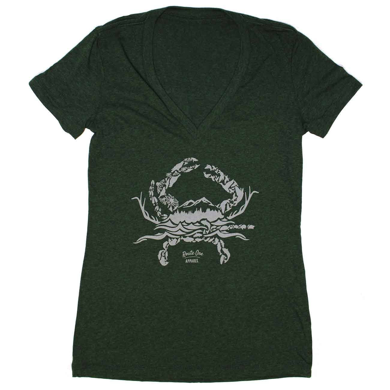 Nature Crab (Emerald) / Ladies Deep V-Neck Shirt - Route One Apparel