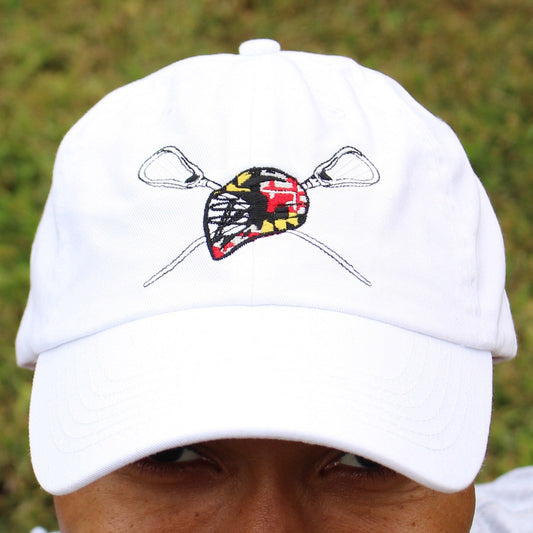 Maryland Lacrosse Sticks & Helmet (White) / Baseball Hat - Route One Apparel